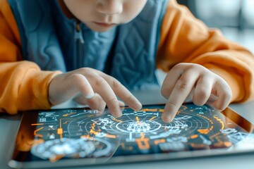 Kid investors Day. Young boy engaging with a holographic touchscreen interface on a modern tablet.