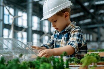 Kid investors Day. A young boy working intently on a detailed model city with wind turbines and miniature buildings.