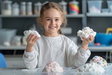Kid investors Day. A boy in a white coat blending cooking and science in a creative kitchen experiment.