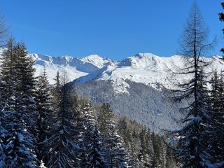 Beautiful sunlit and snow-capped alpine peaks above the Swiss tourist sports-recreational winter resort of Davos - Canton of Grisons, Switzerland (Kanton Graubünden, Schweiz)