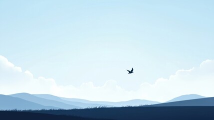 Fototapeta premium Serene Landscape: A Single Bird in Flight Over Rolling Hills Under a Pale Blue Sky