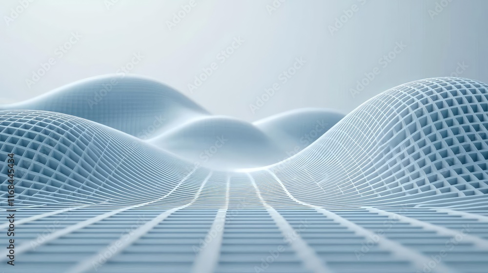 Poster Grid abstract background idea. Abstract 3D grid landscape with waves and curves in a serene blue color palette.