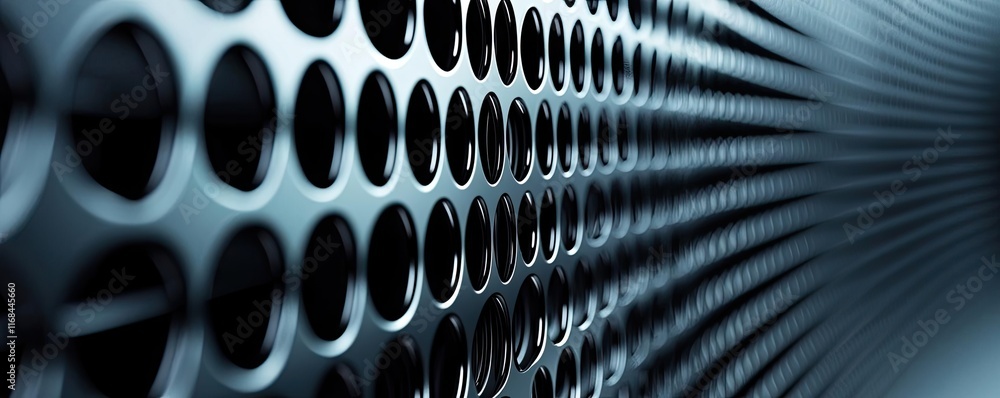 Poster Grid abstract background idea. Close-up of a metallic surface with circular holes, showcasing modern design and texture.