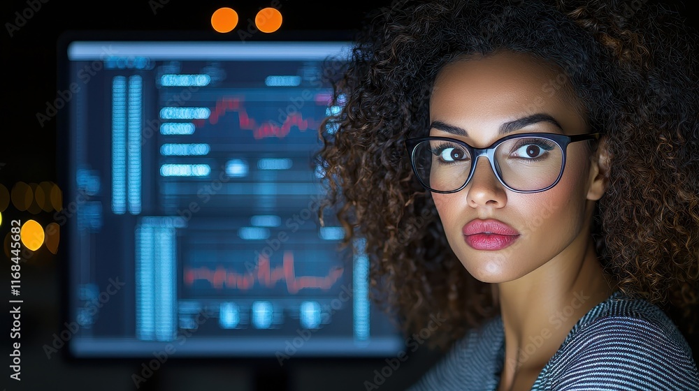 Poster young woman in glasses looks confidently at computer screen displaying data and graphics