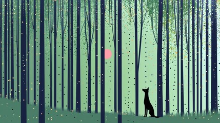 Obraz premium A silhouette of a fox in a mystical forest at sunset, surrounded by soft pastel colors.