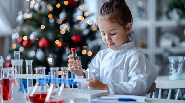 Kid investors Day. A young girl in a science lab experiments with liquids using a pipette, wearing gloves and a white coat.