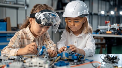 Kid investors Day. Two young girls in a classroom building and experimenting with a robotic arm.