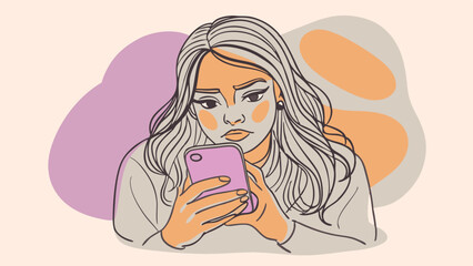 Capturing Modern Ennui, Hand-Drawn Vector Illustration of a Bored Woman Engrossed in Her Smartphone