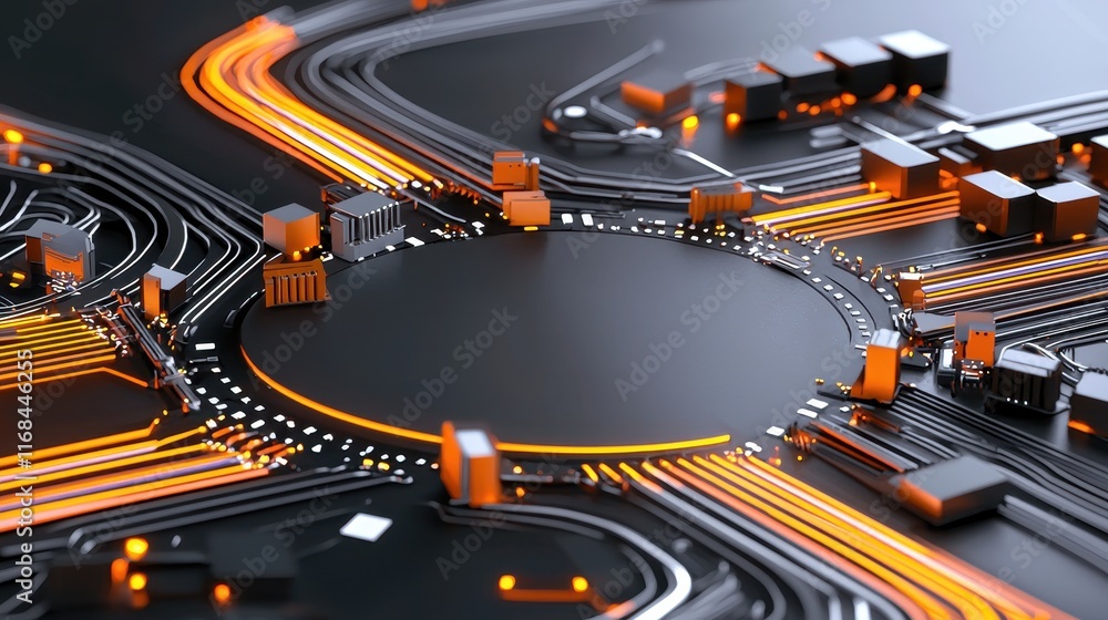 Poster futuristic circuit board design with glowing pathways and complex electronic elements