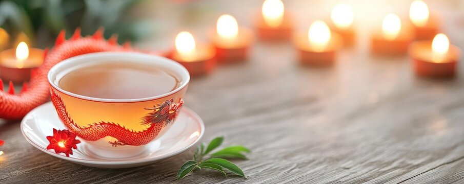Chinese new year tea food concept. Tea served in a dragon-themed cup, surrounded by glowing candles and vibrant red decorations, symbolic and cultural - Powered by Adobe