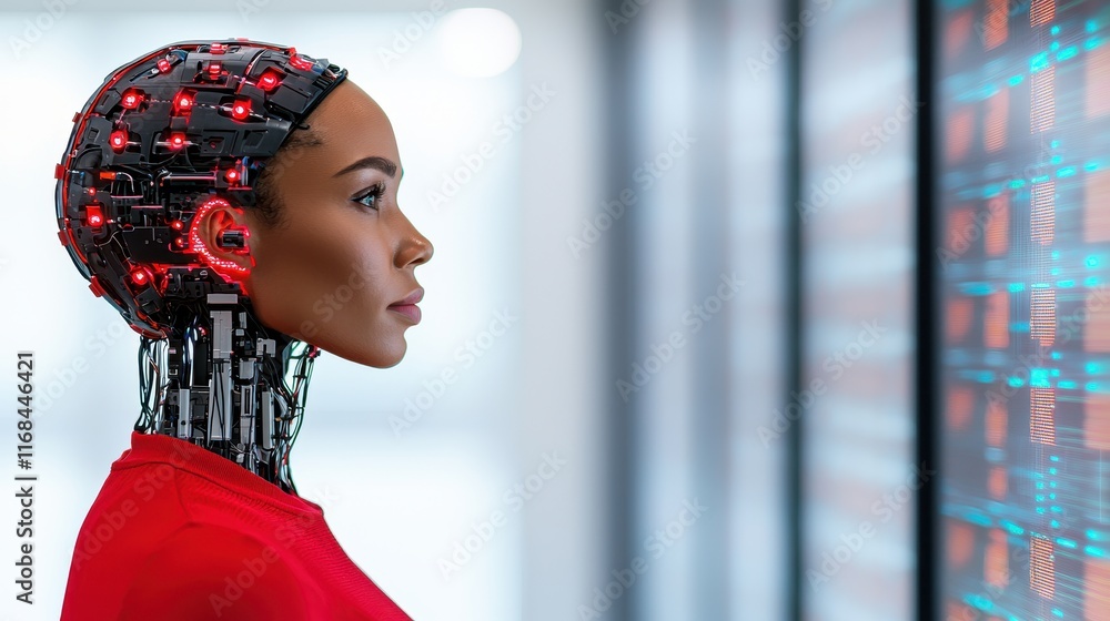Poster futuristic female robot displaying advanced technology and artificial intelligence concepts