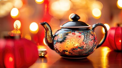 Chinese new year tea food concept. Tea with floating gold flakes, served in a dragon-themed teapot, surrounded by glowing lanterns and vibrant red accents