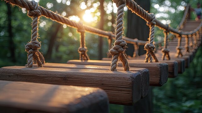 Fototapeta Rope bridge in the forest with wooden planks during sunset