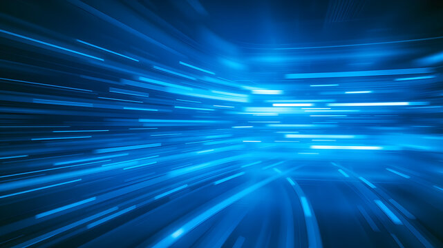 A dynamic abstract composition featuring a vibrant blue background with streaks of light moving at high speed, creating a sense of energy and motion.