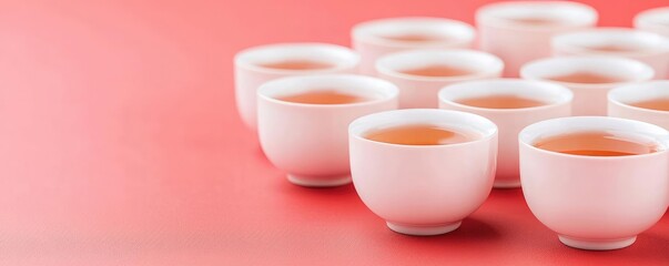 Chinese new year tea food concept. Artistic composition of tea cups arranged in a spiral, golden light reflecting on the surface, minimalist red backdrop