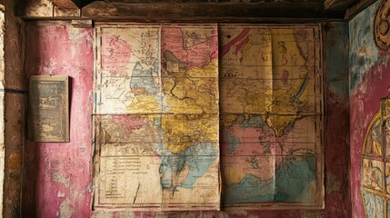 An old map displayed on a weathered wall. Vivid colors and intricate details capture historical landscapes. Explore geography and history through art. Generative AI