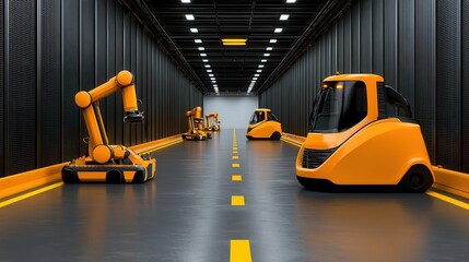 Advanced Automation in Industrial Facility with Yellow Robots and Clean Modern Interior Design