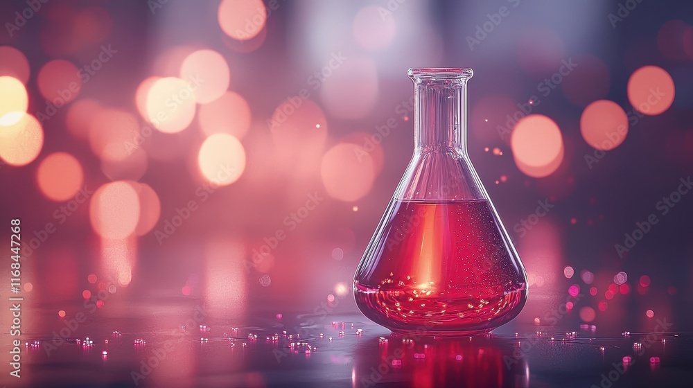Poster glass flask with red liquid surrounded by bokeh lights in a laboratory setting