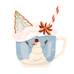 Mug with cocoa or latte with spices and gingerbread to keep warm on winter days. Atmospheric cup with snowman. Christmas mood illustration in vector. For holiday advertising, baking, banners and card