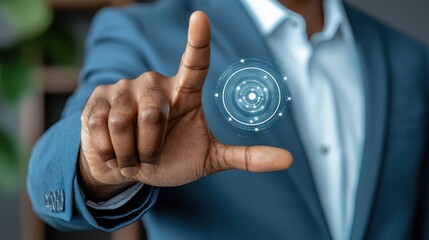 Business Professional Interacting with Futuristic Technology in Modern Office Setting