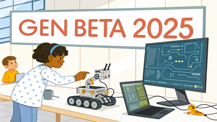 Naklejka premium Gen Beta, a child is learning to code through a robot