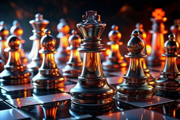 Black Chess Pieces Clash: Civil War Concept, 3D Render, High Depth of Field