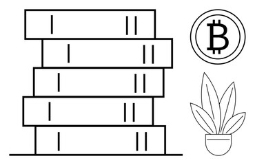 Stack of books in black outline with Bitcoin logo and potted plant nearby. Ideal for finance, education, minimalism, growth, modern living, investment, technology themes. Abstract line flat metaphor