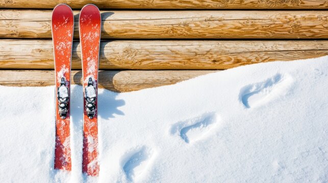 A pair of red skis rests on a snowy surface beside wooden logs, with distinct footprints leading away into the white snow.