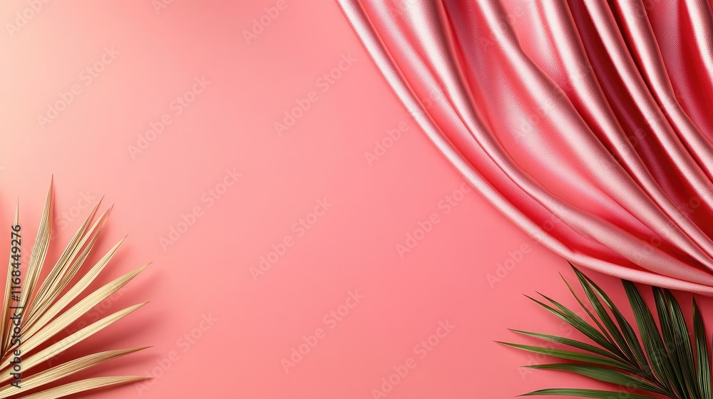 Poster velvet abstract background concept. elegant pink backdrop with flowing fabric and green foliage for 