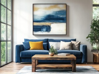 Modern Living Room with Vibrant Blue Furniture and Art