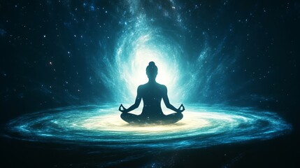 A serene figure meditates in a cosmic environment, embodying tranquility and connection to the universe.
