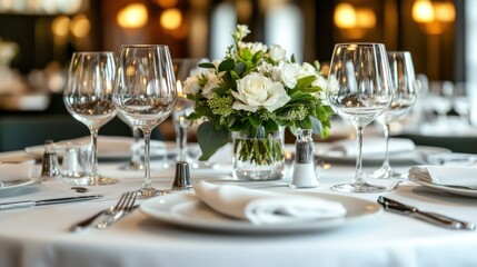 Elegant table setting with white flowers and glassware in a restaurant.