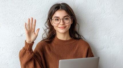 Naklejka premium Young woman with glasses greeting and waving while using a laptop in a cozy indoor environment