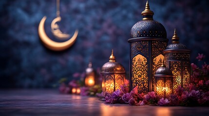 Obraz premium Illuminated Ramadan Lanterns with Crescent Moon and Flowers