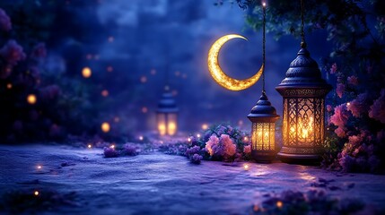 Illuminated Lanterns and Crescent Moon in a Night Garden