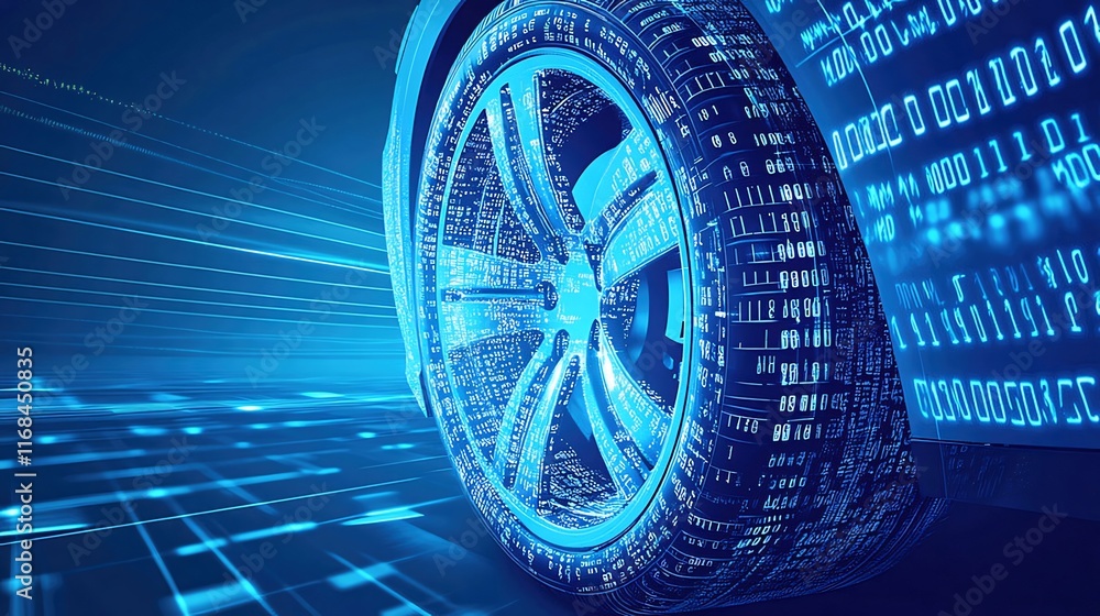 Poster futuristic car wheel with digital binary code.