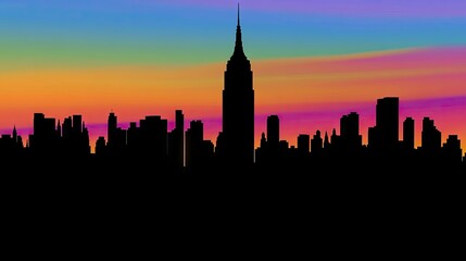 Naklejka premium Silhouette of a city skyline at sunset with vibrant colors.