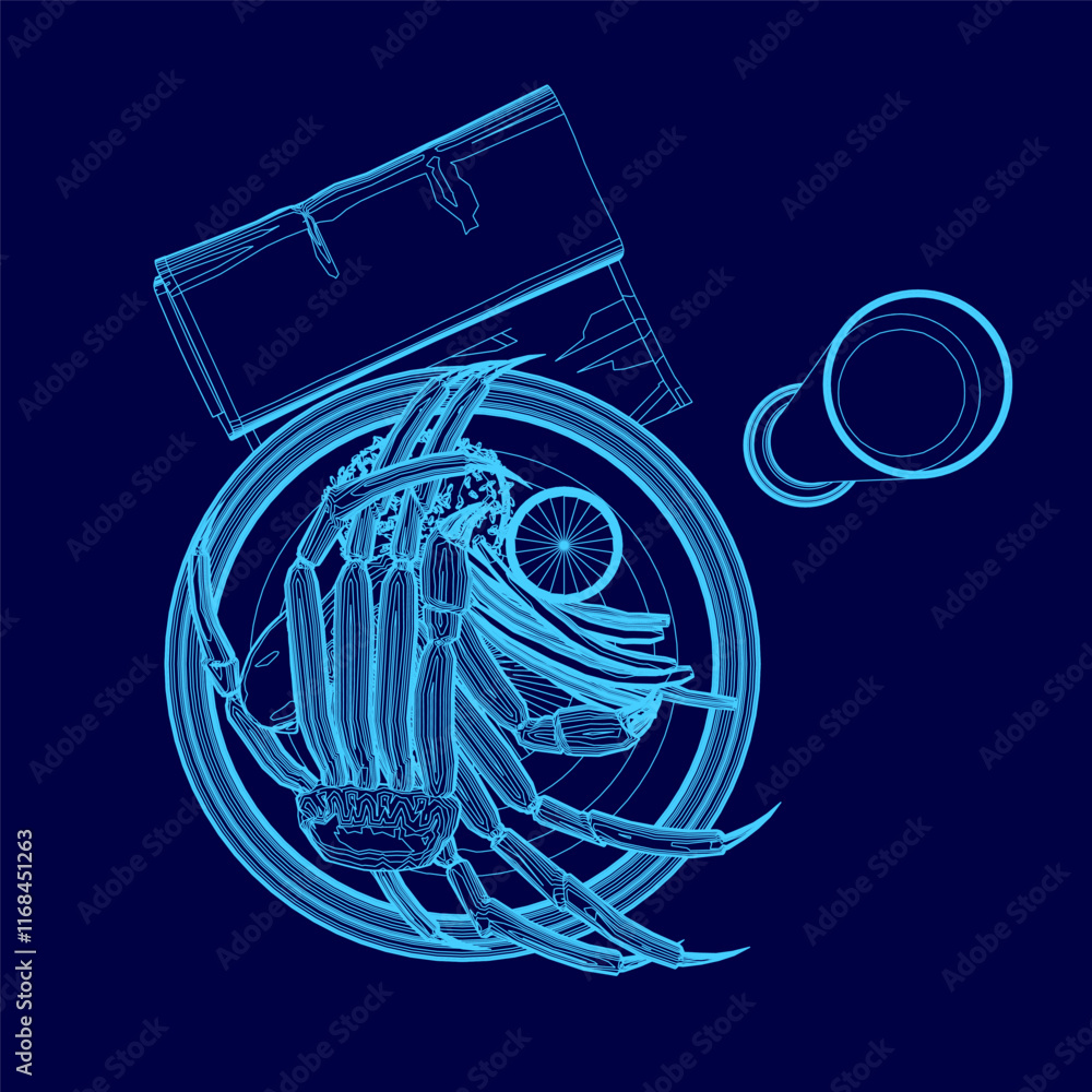Poster blue drawing of a crab with a book and a cup on a table. the crab is surrounded by a circle and has 