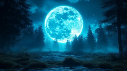 Fototapeta premium A mystical landscape features a glowing blue moon illuminating a foggy forest at night, creating an enchanting atmosphere.