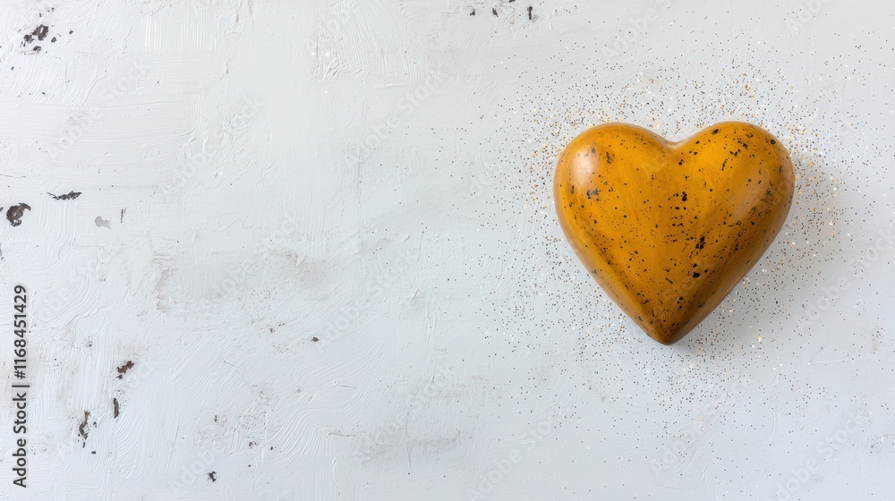 Poster heart-shaped decorative item on textured surface with sparkles and rustic background