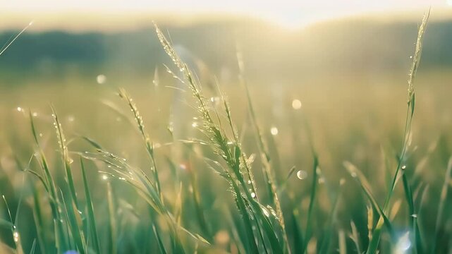 Shimmering dew covered blades grass sway gently morning light captured cinematic close up shallow depth field