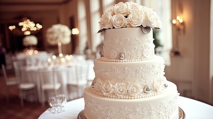 Elegant three-tiered wedding cake with white roses.