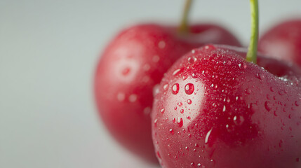 Three Dewy Red Cherries Close Up Shot