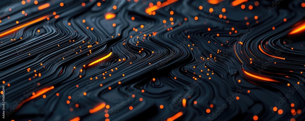 Poster Ink abstract background idea. Abstract circuit board pattern with glowing lines and dots on a dark background.