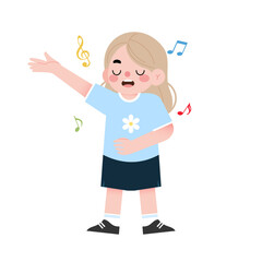 Happy Little Girl Singing with Musical Notes Blonde Hair Cute Cartoon Illustration