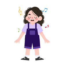 Joyful Girl Singing Cartoon Illustration Child Musician Musical Notes Happy Kid