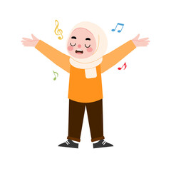 Happy Muslim Girl Singing Joyful Music Illustration Cartoon Style