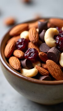 Close-up of a bowl filled with trail mix featuring almonds, cashews, dried cranberries, chocolate chips, and yogurt-covered treats. A wholesome snack.