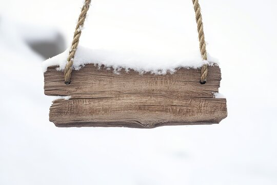 Snowy wooden sign hanging on rope.