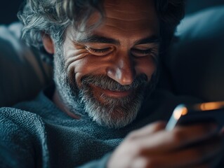 A Smiling Man Enjoying His Smartphone in Bed